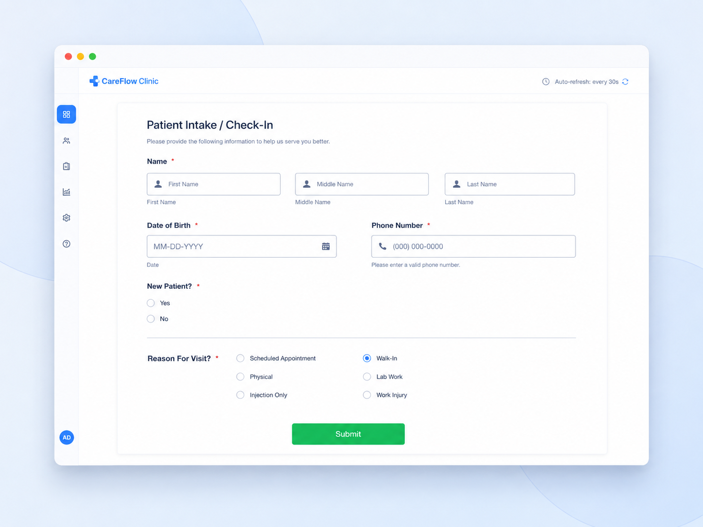 Patient self check-in form with name, date of birth, phone number, and reason for visit